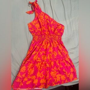 Vibrant Pink and Orange One-Shoulder Dress